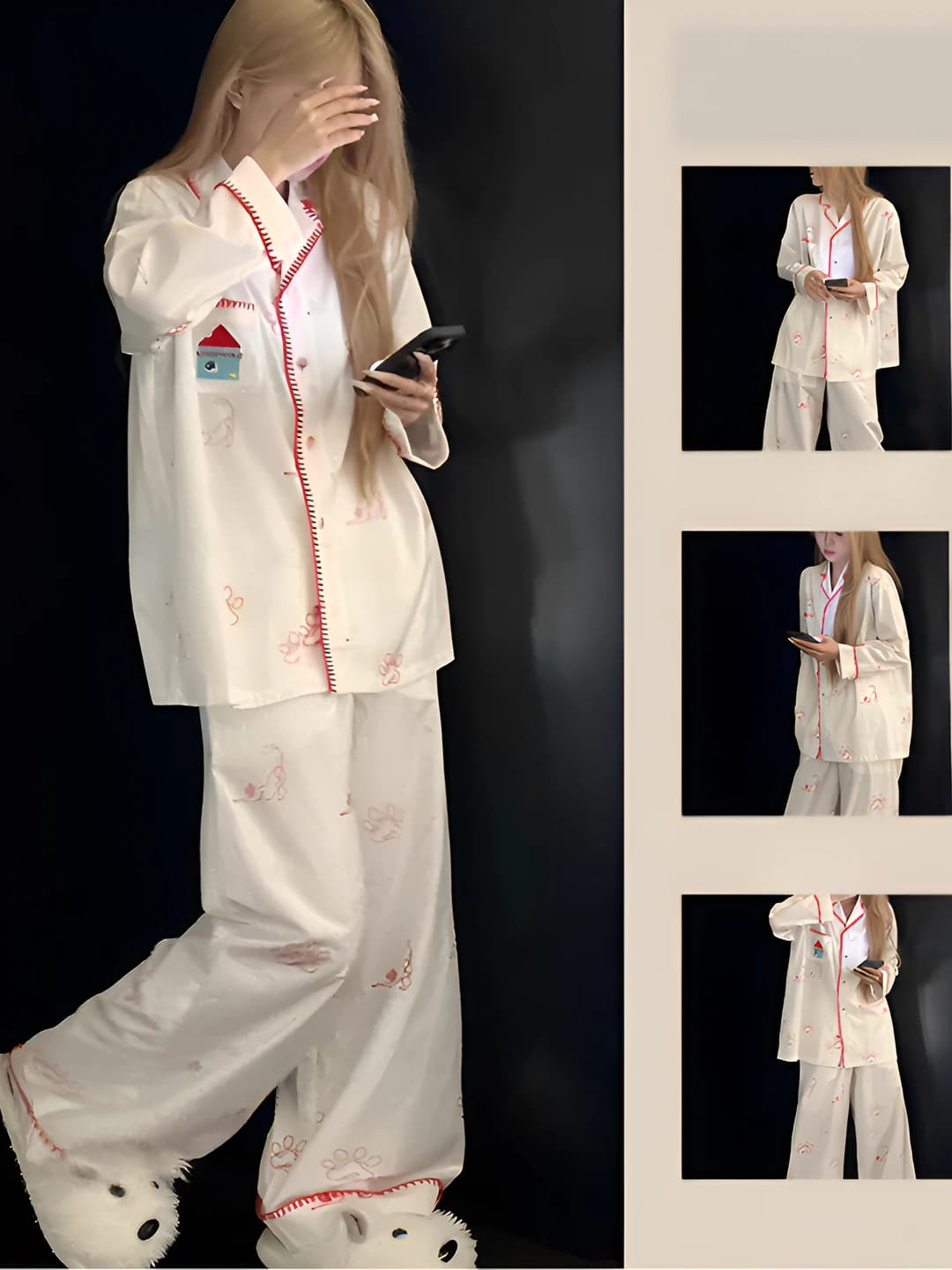 Women's plus size pajama set with dog paws print for autumn-winter, long sleeve, lapel collar, polyester