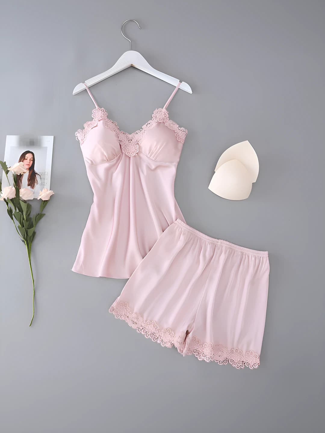 Women's satin lace pajama set: V-neck sleeveless camisole top and shorts