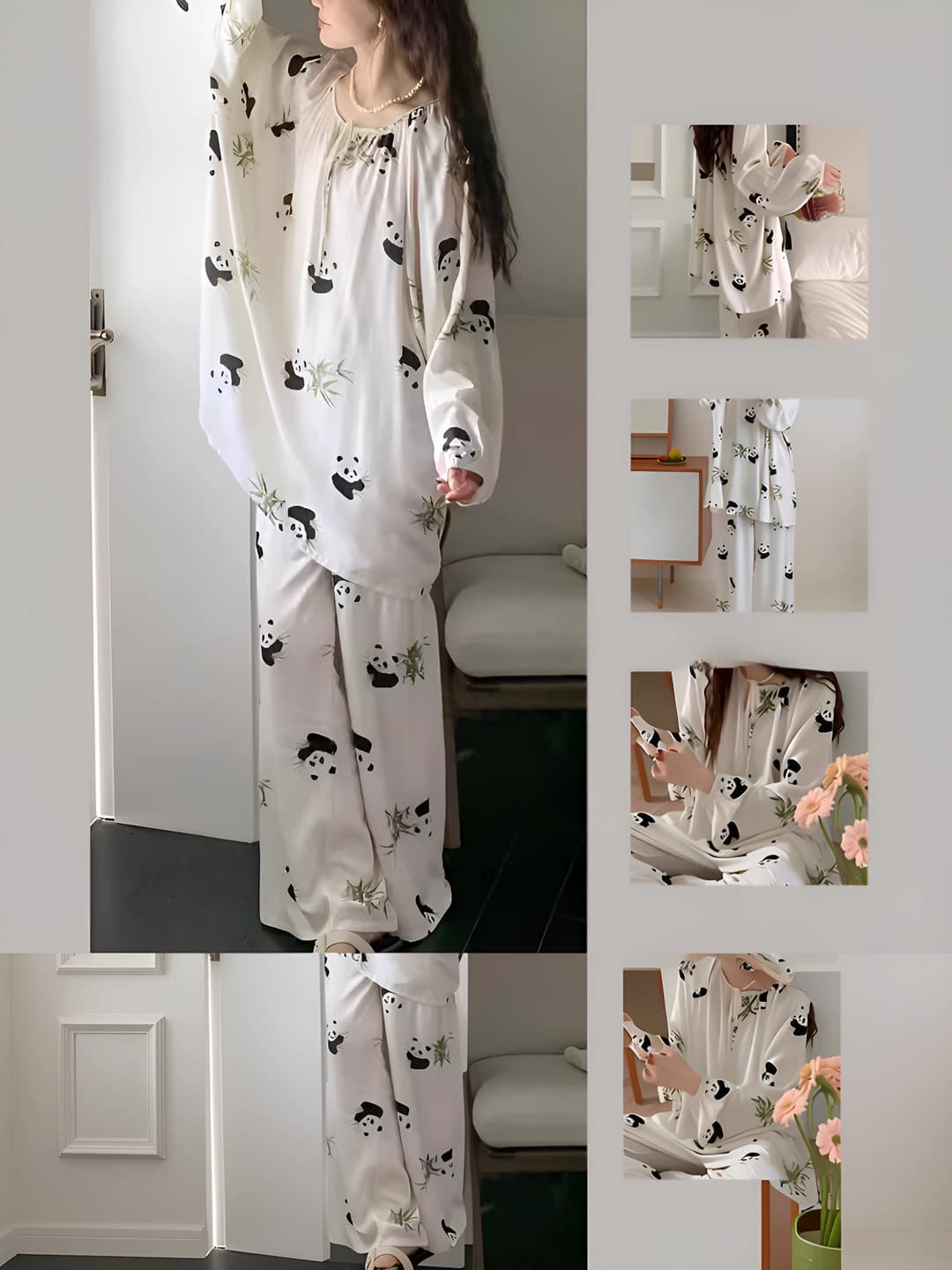 Ayollar uchun 2026 pijama to'plami: uzun yengli, uzun shim, bo'sh (oversize), katta o'lcham, bahor-kuz-yoz, bosma naqshli panda
