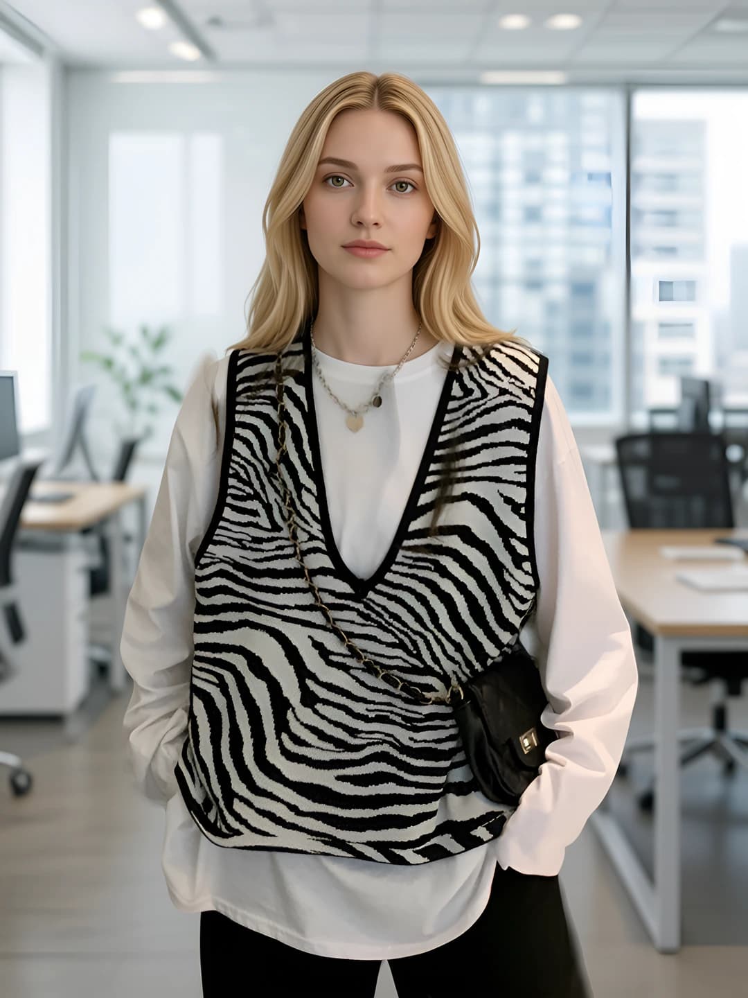 Women's two-piece vest and long-sleeve top set, V-neck, striped, loose fit, cotton, spring
