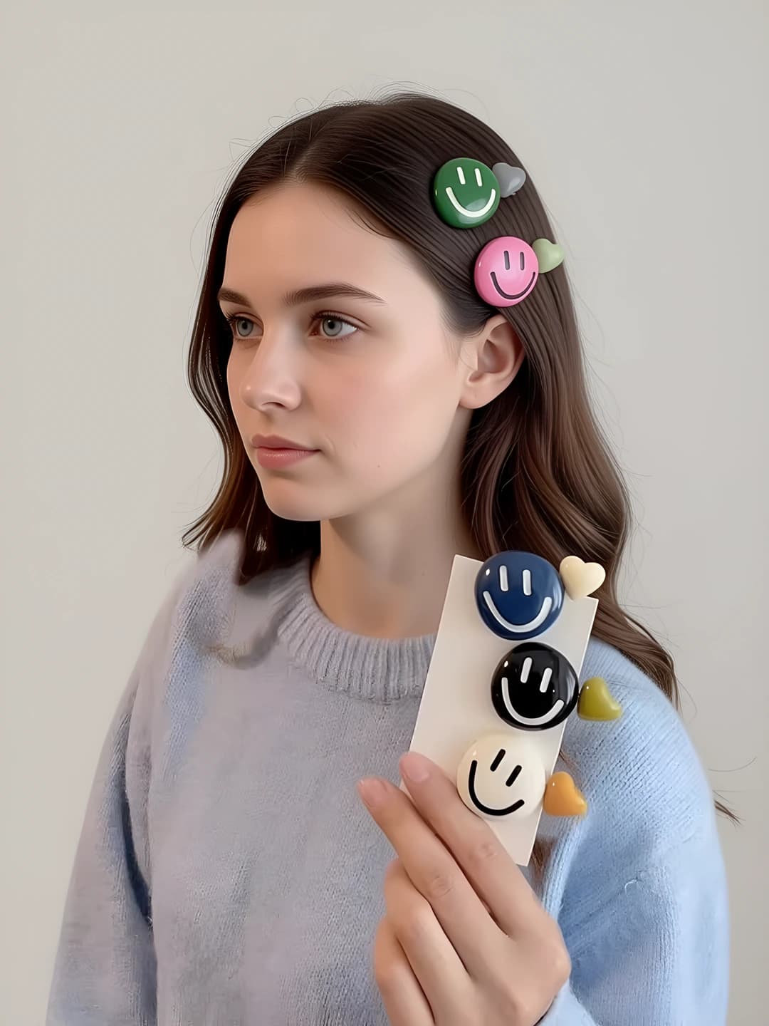 Women's cute smiley pastel hair clips, side clips, alloy, electroplated, Korean-Japanese style