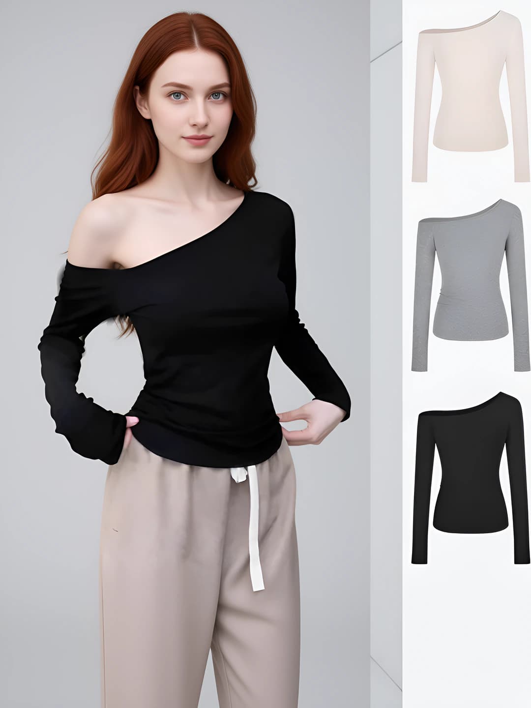 Women's slim fit, slimming, solid colour, long sleeve, off-shoulder long-sleeve base top
