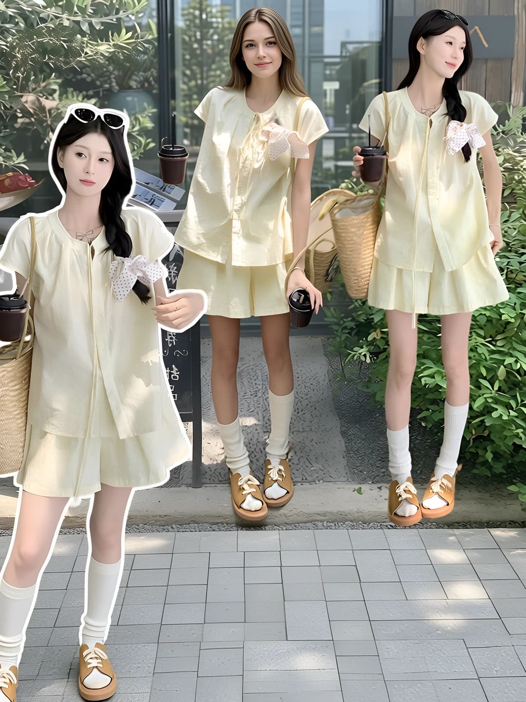 Women's summer slimming printed set: short-sleeve shirt and knee-length shorts