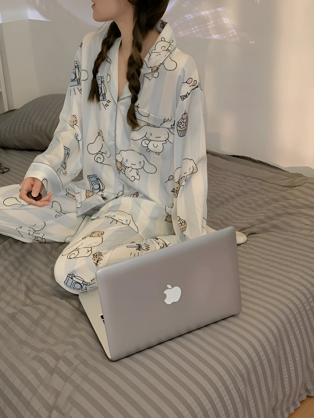 Women's thin long sleeve pyjamas set, lapel collar, stretch, breathable, loungewear for winter, spring, and autumn