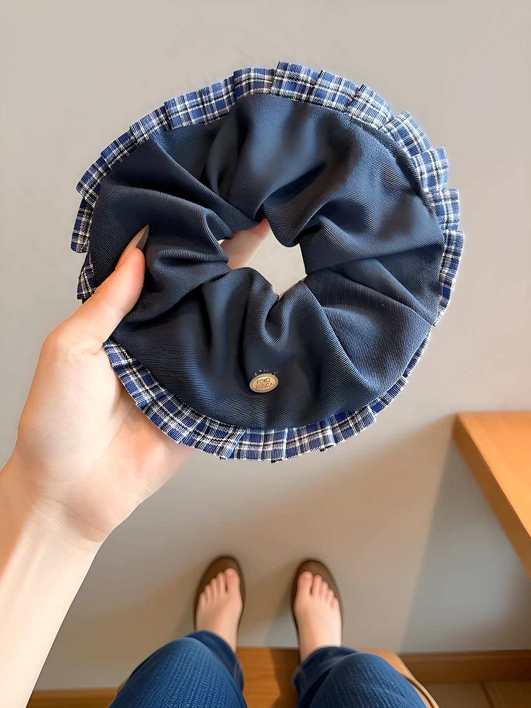 Blue scrunchie, plaid edge