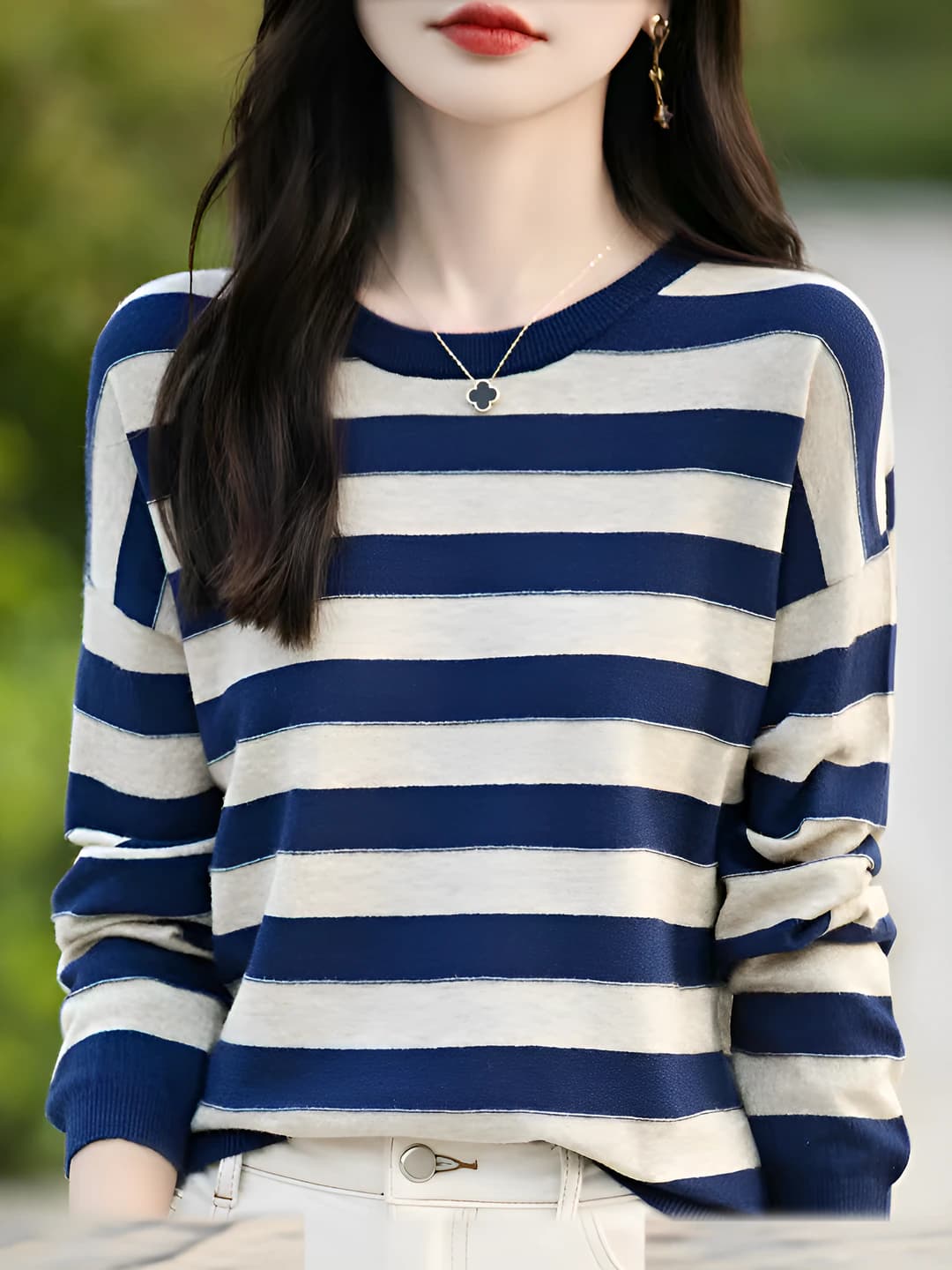 Women's 2026 autumn-winter striped crew neck pullover sweater, loose fit, long sleeve, andi velvet