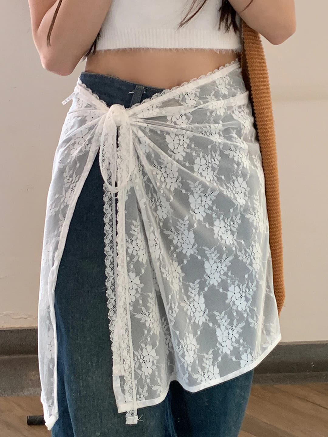 2026 spring women's lace wrap skirt, Korean style, white, tied, irregular cut, mid-length, sweet style