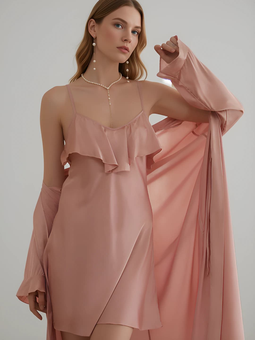 Women's French style loungewear set: ice-silk fabric, thin, stretch, breathable, all-season, boat neck, nightgown with chest pads and robe