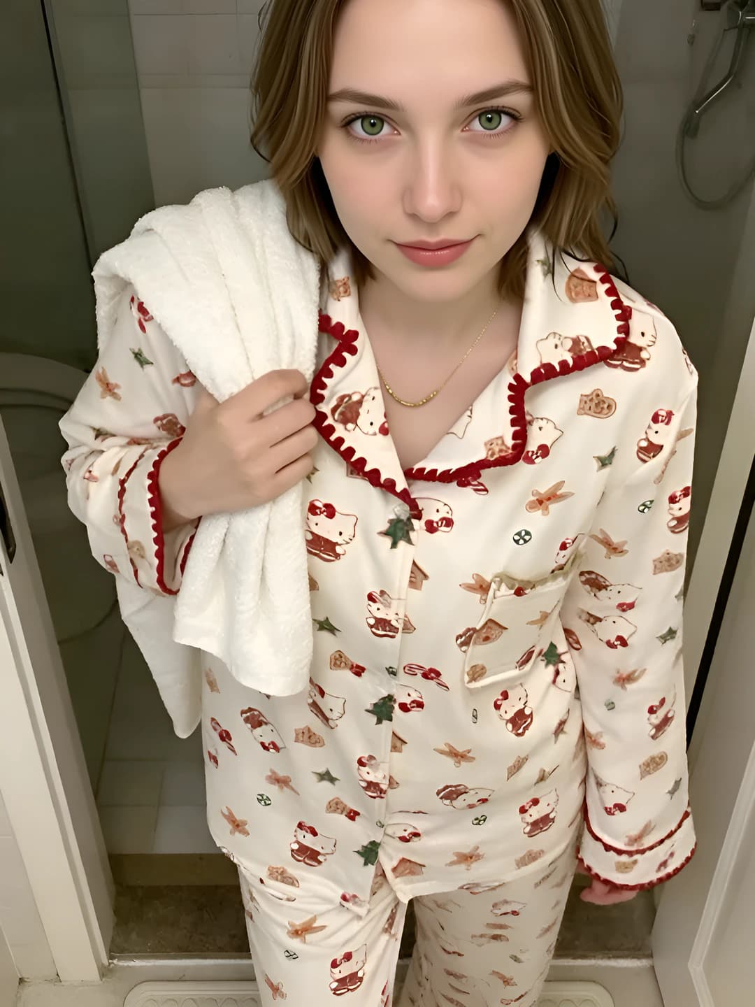 Ayollar uchun Hello Kitty naqshli pijama to'plami, polyester, uzun yeng, qaytarma yoqa, issiq saqlaydigan, uy kiyimi