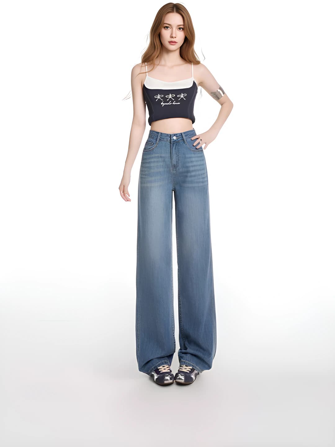 Ayollar uchun yozgi retro kundalik jinsi shimlar, baland bel, to'g'ri kesim, bo'sh (oversize), uzun shim, yupqa mato