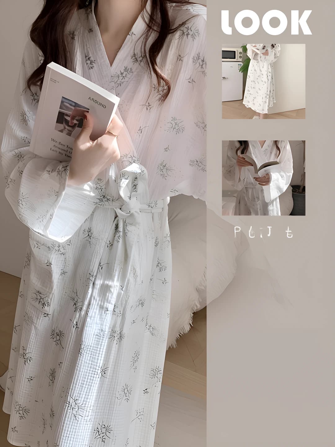 Ayollar uchun bahor-yoz uy xalati, uzun, bo'sh (oversize), V-yoqa, poliestr, gullangan