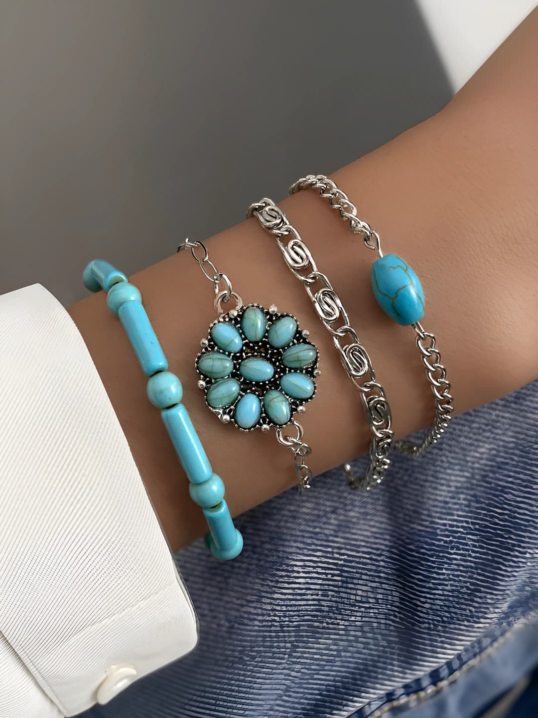 Women's boho style lotus turquoise inlay bracelet set