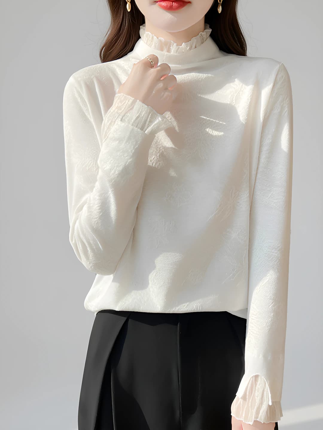 Women's 2026 spring-autumn mock neck knit pullover sweater, wool and polyester, solid colour, long sleeve, regular length, openwork pattern, little Chanel style, thin knit top