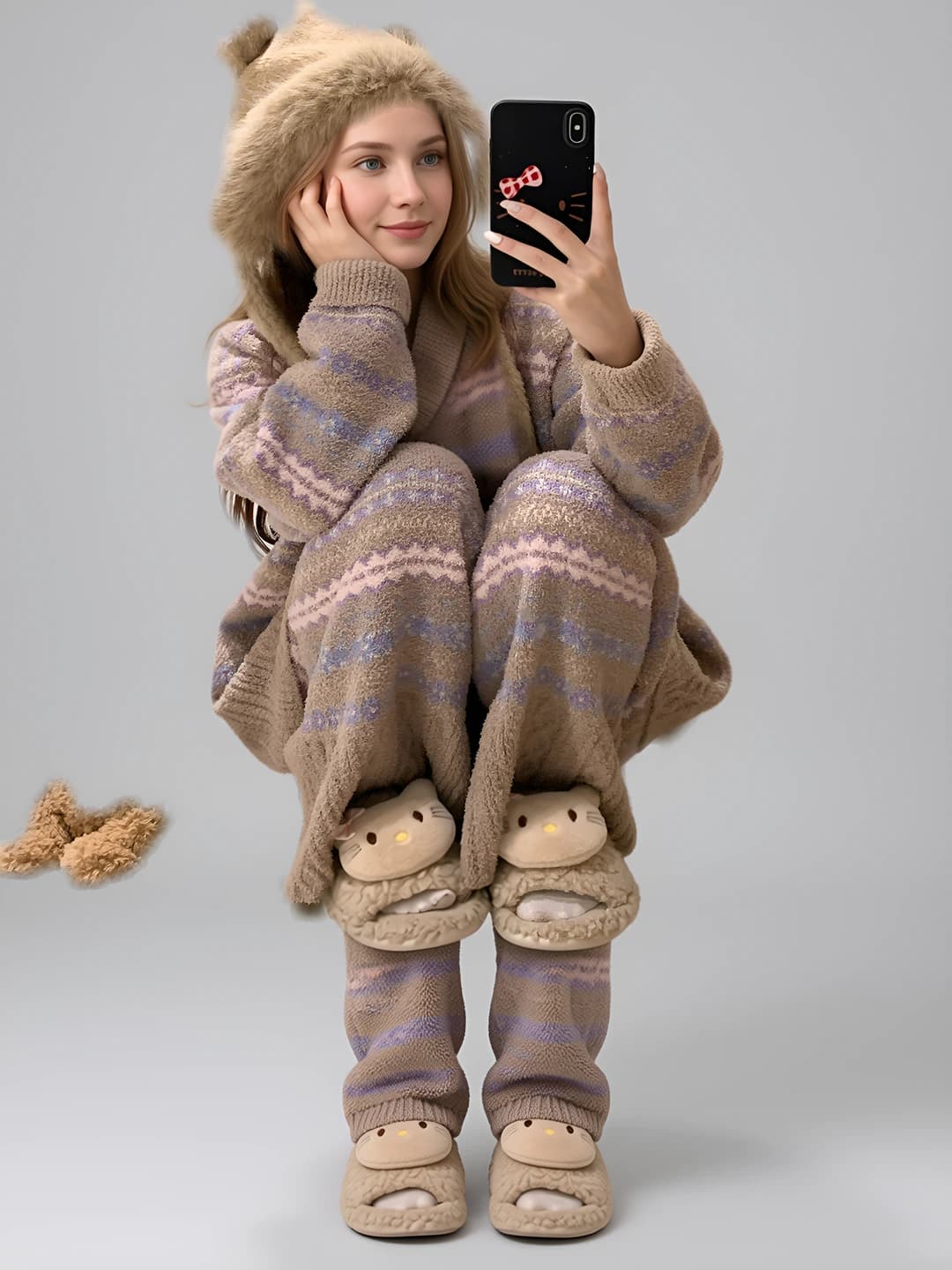 Ayollar uchun koreys uslubida retro chiziqli bosma naqshli issiq astarli qalinlashtirilgan pijama to'plami, kuz-qish mavsumi, 2026