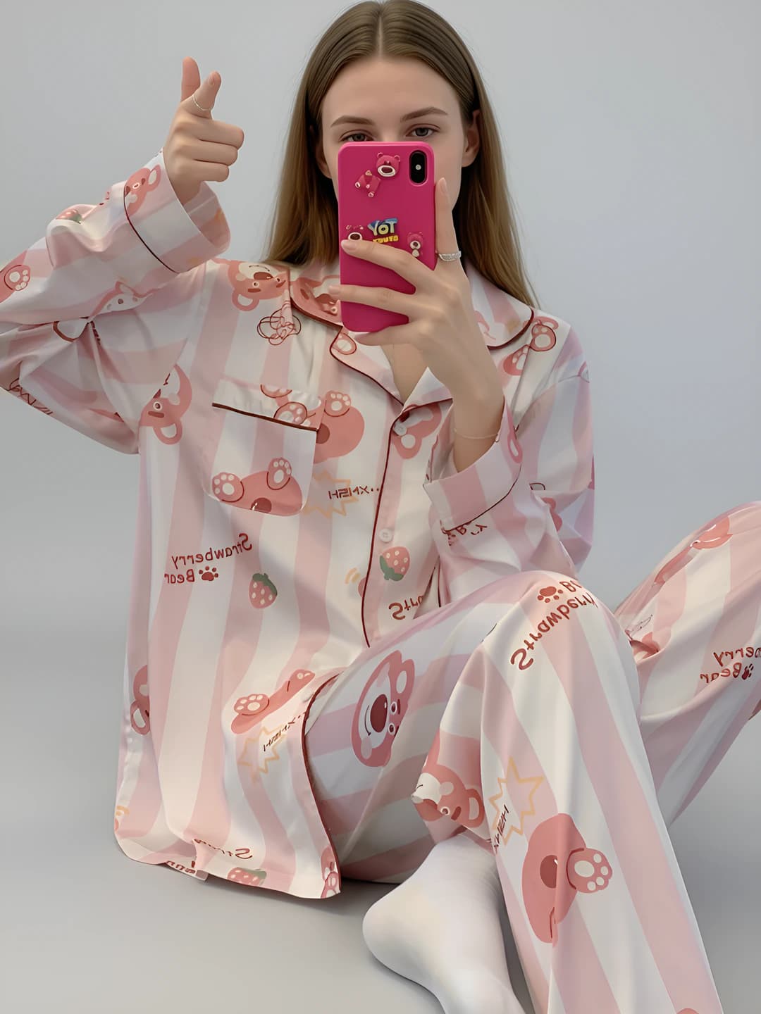 Women's autumn striped loose fit long sleeve cardigan pajama set, cartoon style