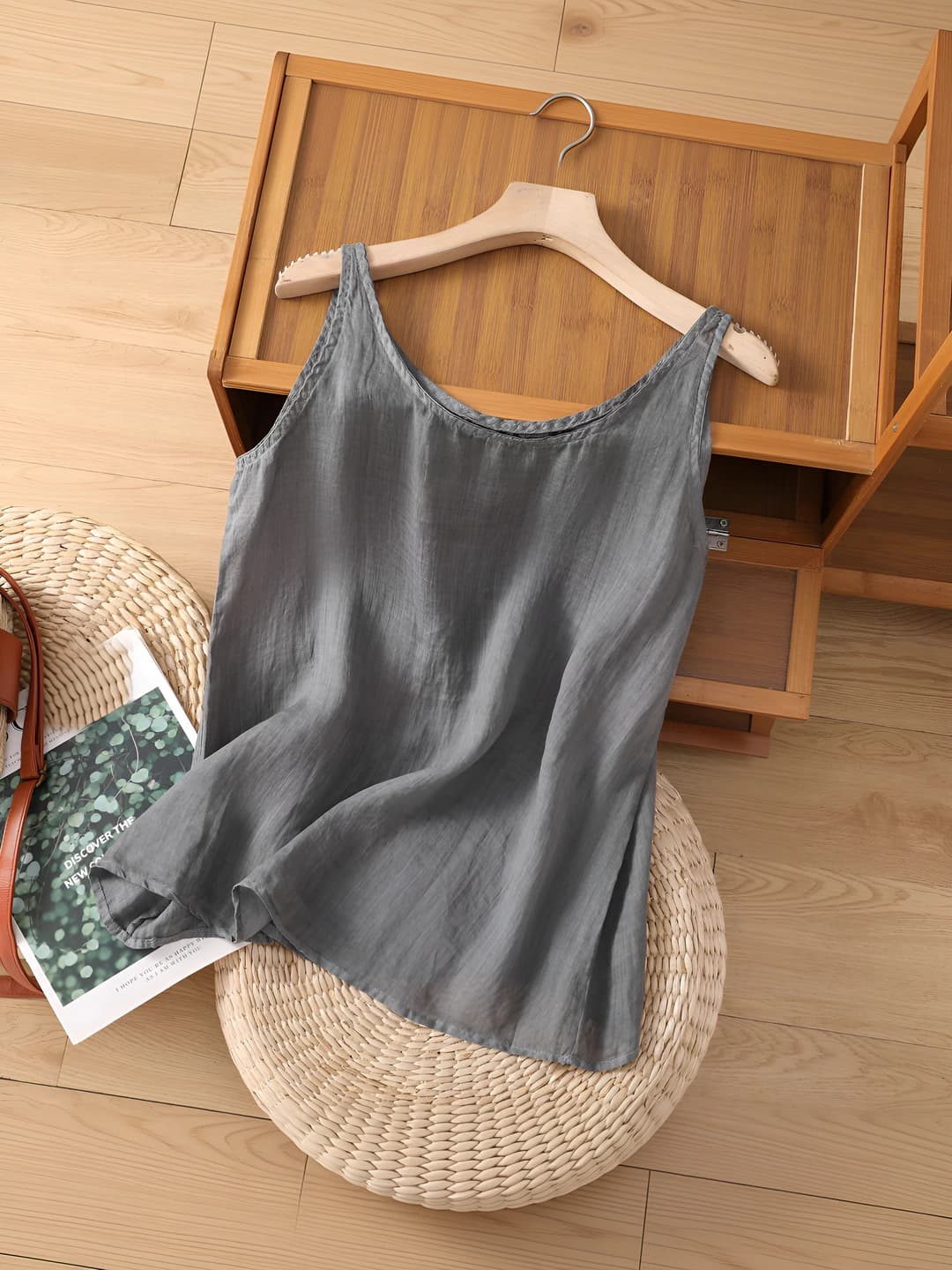 Women's spring-summer plus size loose fit solid colour tank top, slimming, casual, retro, stretch, 50-65 cm length, 30-50% cotton and 50-70% linen fabric