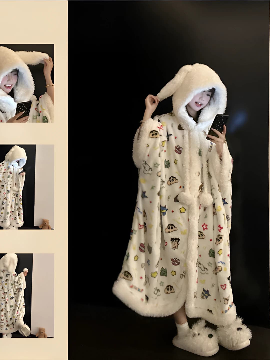 Women's coral fleece fleece-lined thickened autumn-winter house robe with hood, cartoon style, loungewear set