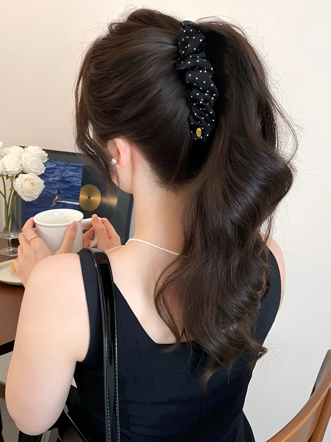 1# Black polka dot banana clip ~13 cm