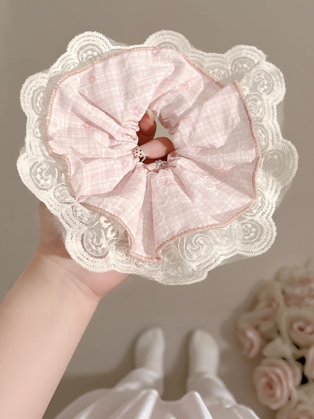 1# Pink plaid lace edge ~16 cm