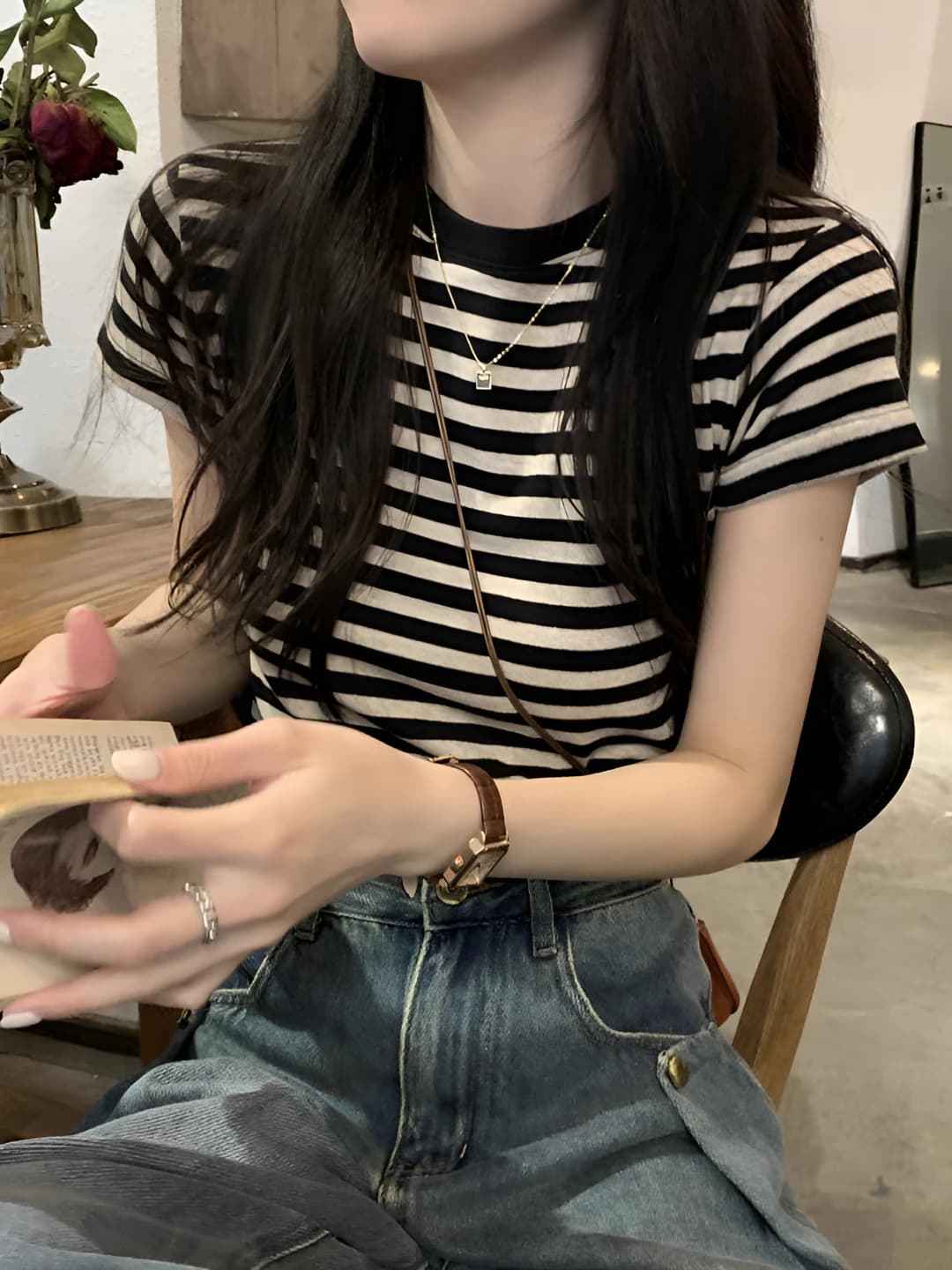 Women's summer Korean style striped short sleeve t-shirt, slim fit