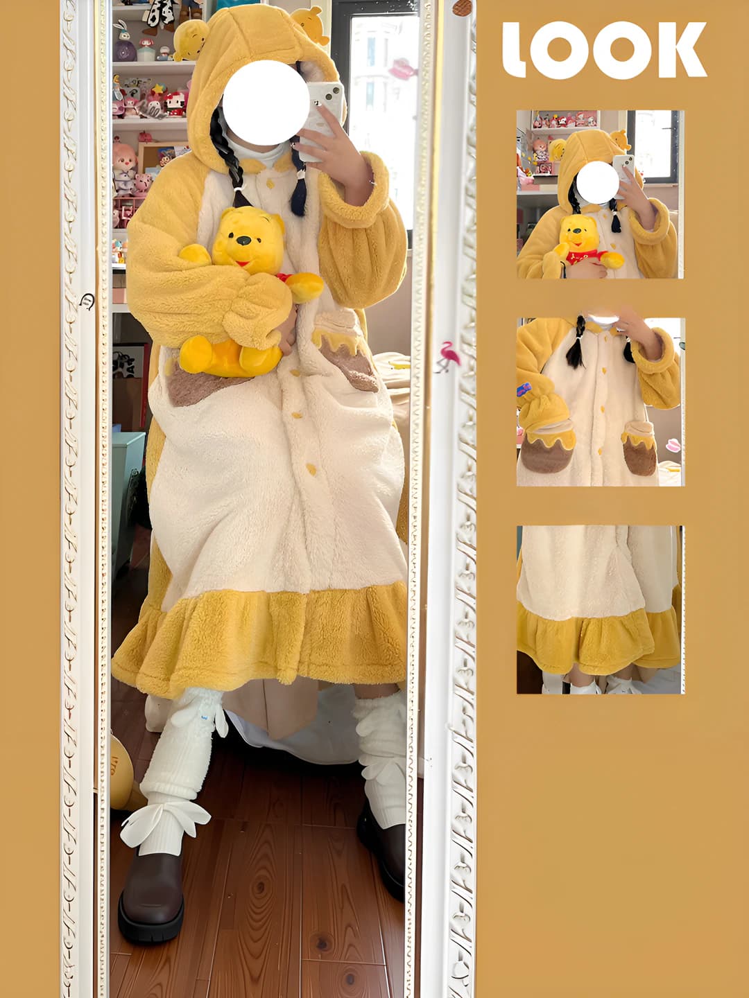 Women's coral fleece nightgown, thickened, autumn-winter, Korean style, cartoon bear pattern