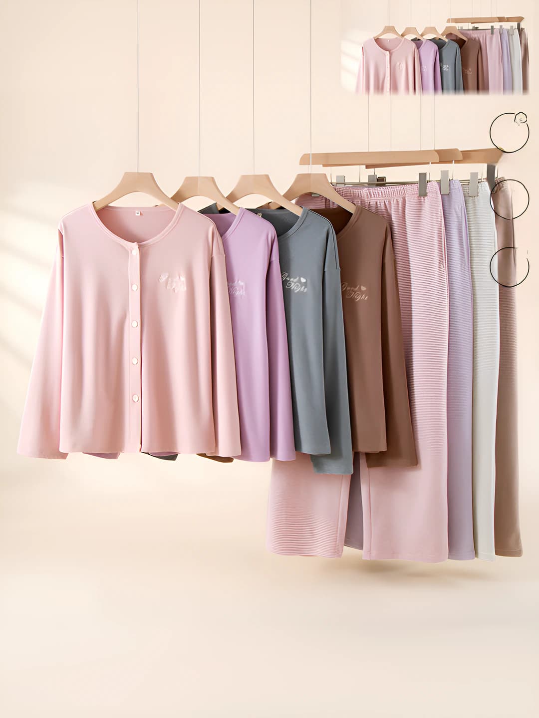 Ayollar uchun kashtali pijama to'plami: uzun yengli ko'ylak va uzun shim, qalinlashtirilgan, issiq saqlaydigan, kuz-qish mavsumi uchun uy kiyimi