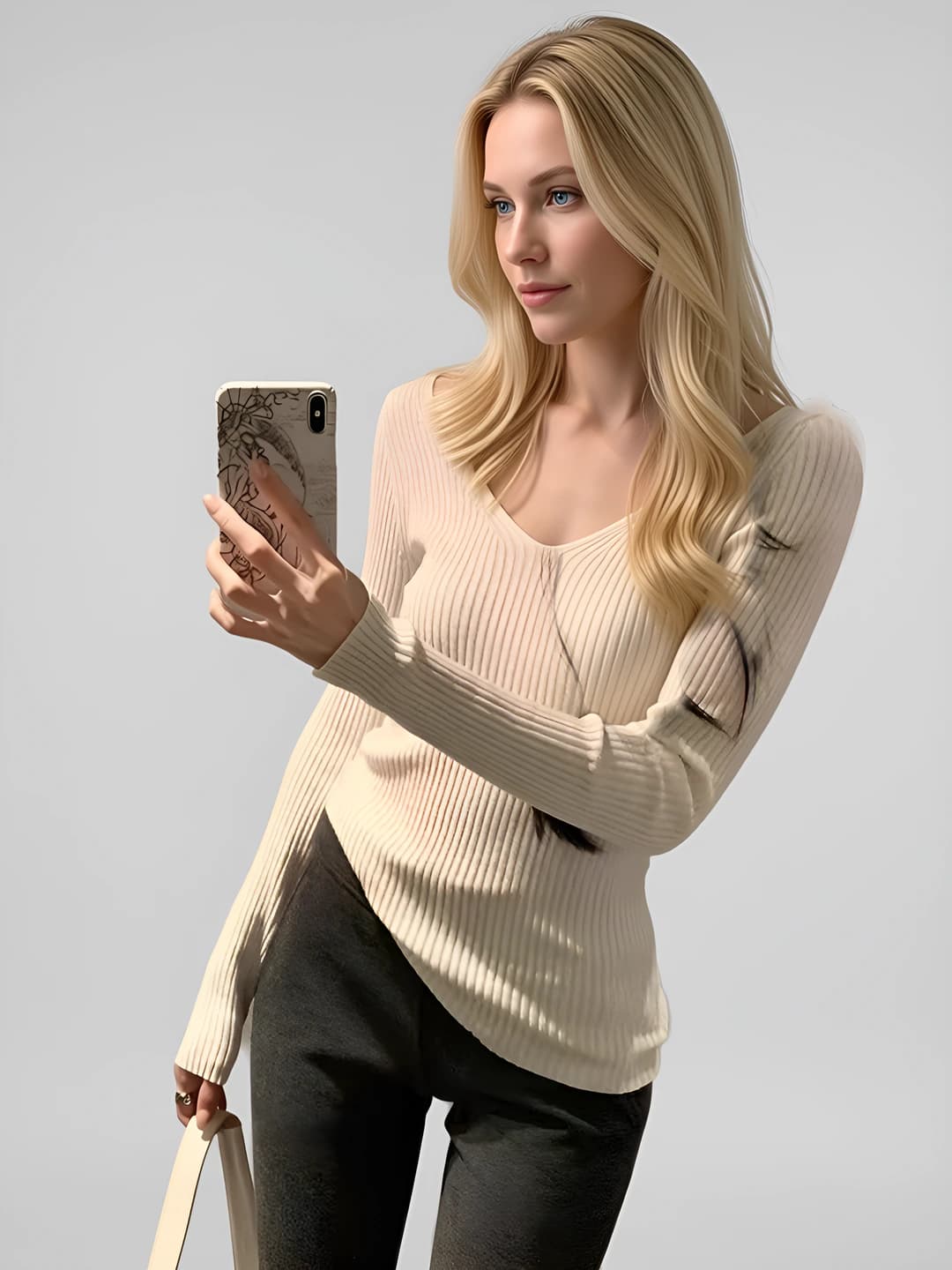 Women's autumn-winter V-neck, long sleeve, slim fit, slimming, solid colour knit top