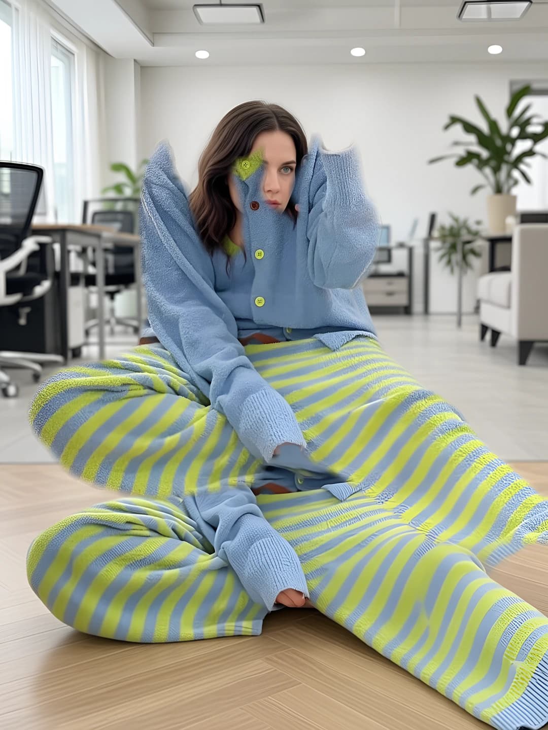 Women's Korean style striped thickened pajama set, V-neck, long sleeve, trousers, for winter, autumn, spring, loungewear