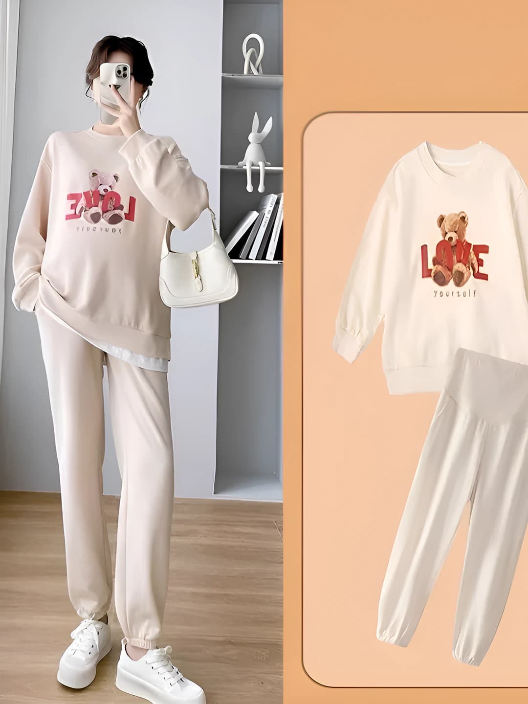 Women's maternity clothing set: spring-autumn and autumn-winter, Korean style, long sleeve, cartoon pattern, belly support