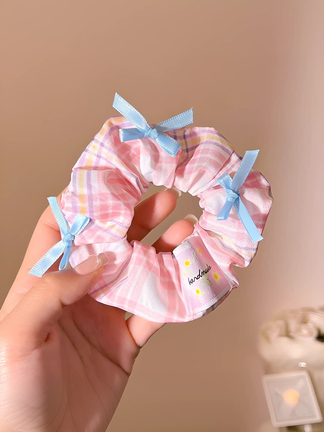 Розовая клетка, бант, 11 см