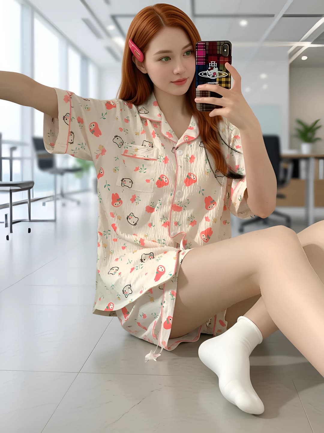 Ayollar uchun yozgi kundalik uy kiyimi, KT mushuk rasmi, kalta yengli pijama to'plami (shorti)