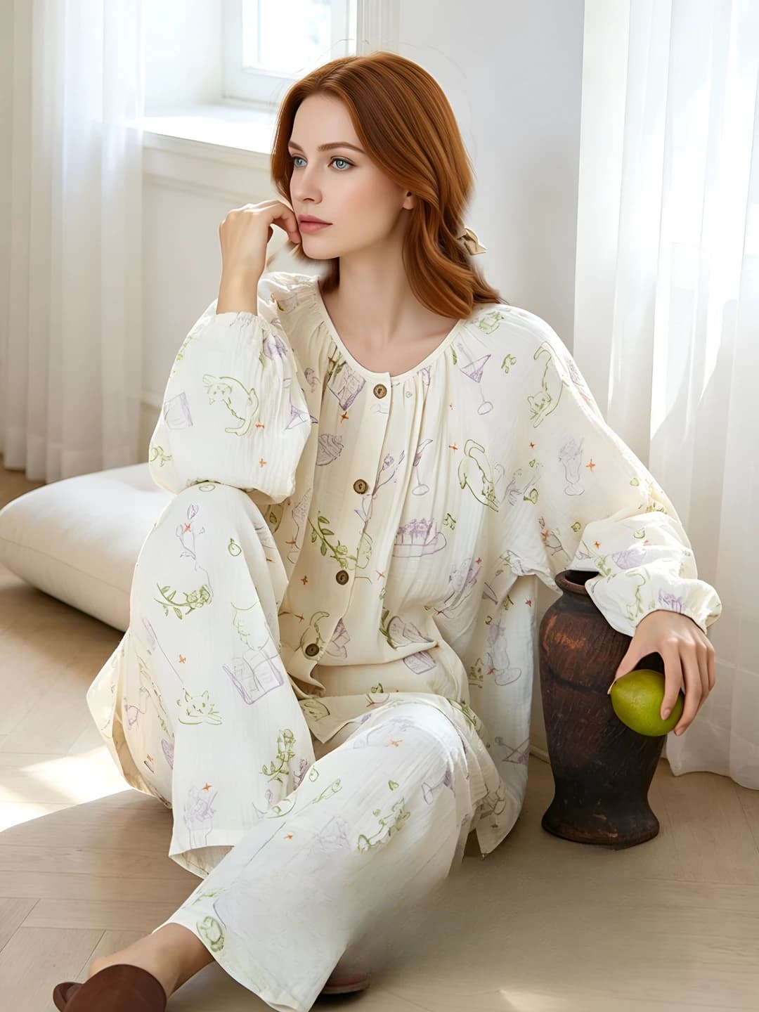 Women's pure cotton pajama set, crew neck, long sleeve, trousers, printed, breathable, spring-autumn