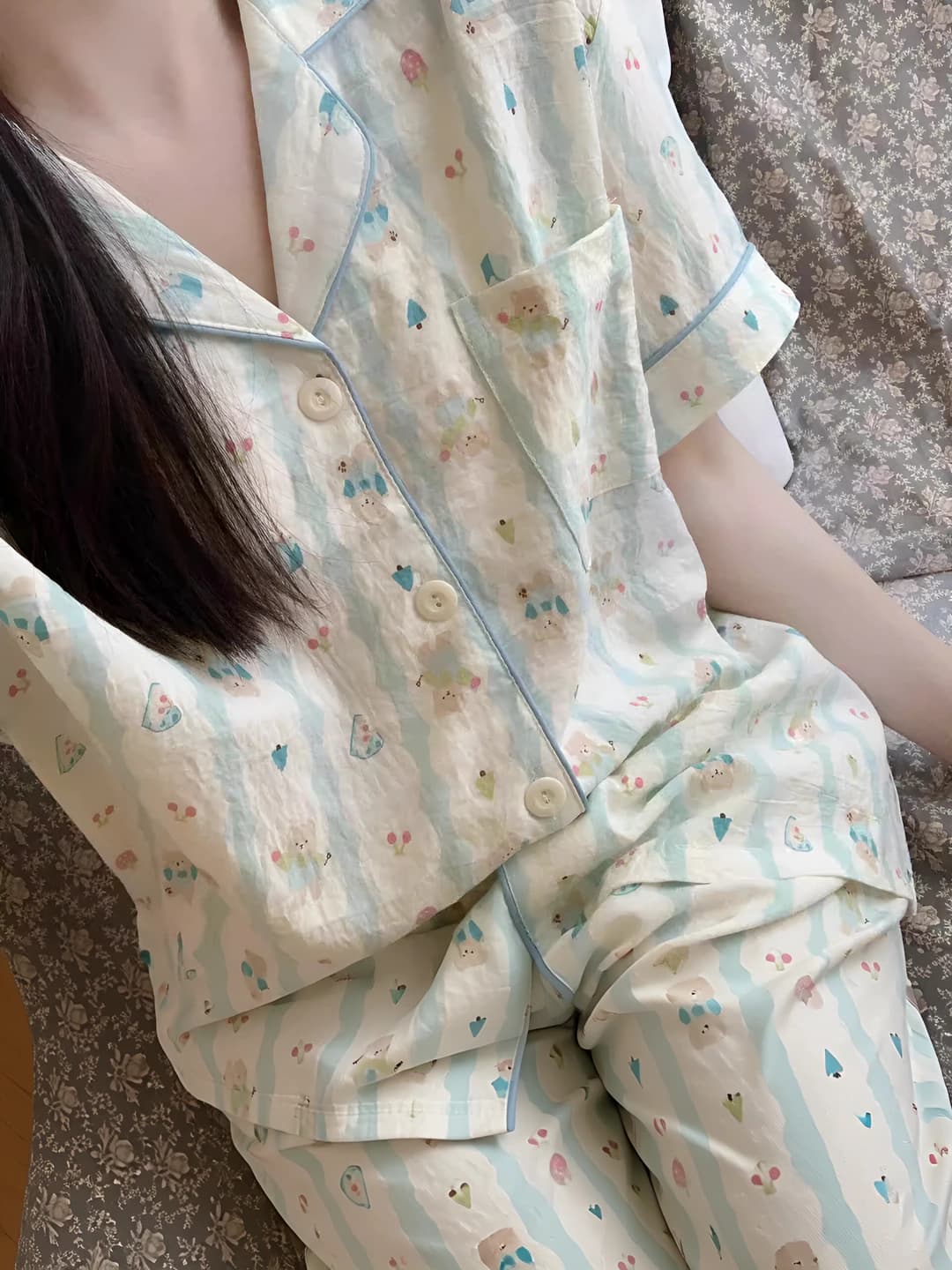 Women's summer striped pajama set: short-sleeve top and shorts, lapel collar, loungewear