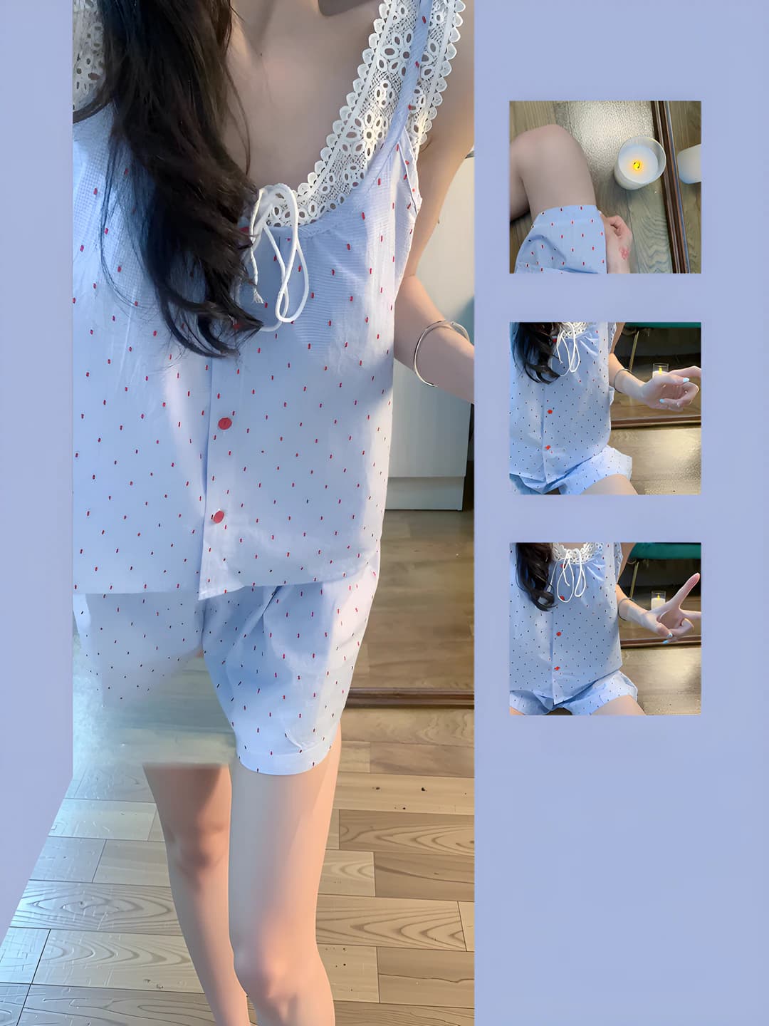 Ayollar uchun koreys uslubida shirin to'plam (komplekt): dantelli yengsiz mayka va shorti, yozgi pijama