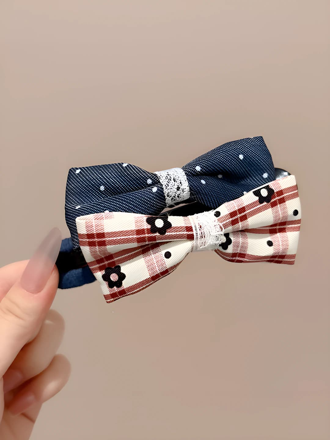 1# Denim blue + red striped double bow clip ~11.5 cm