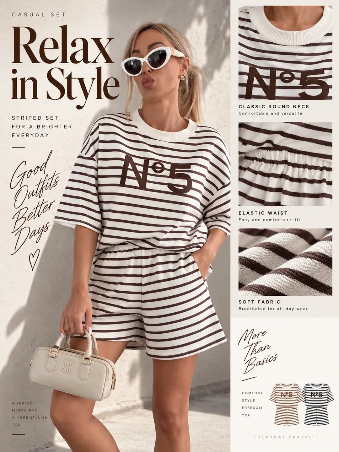 Women's striped casual set: loose fit crew neck short sleeve t-shirt and short shorts