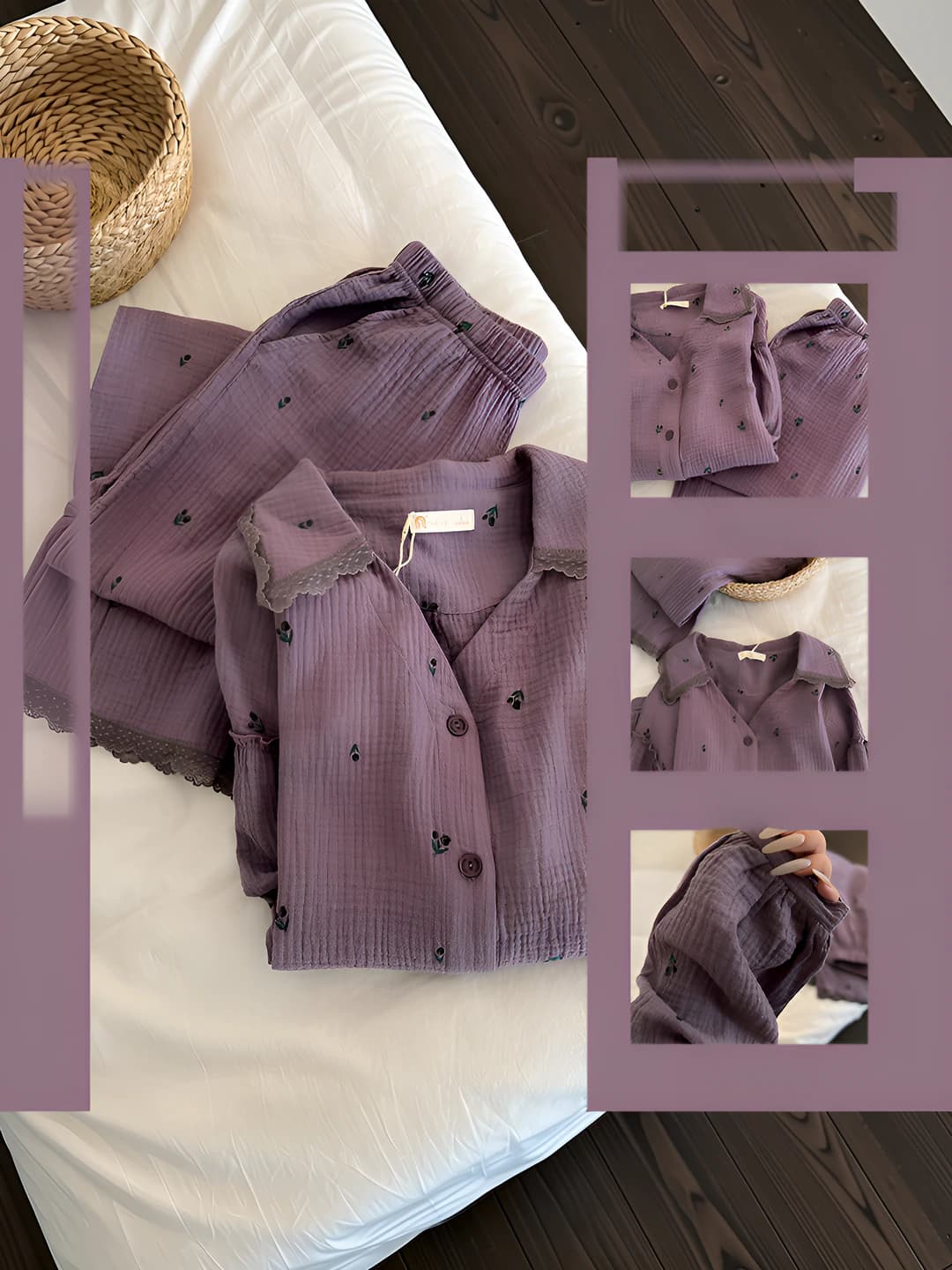 Women's retro purple floral loungewear set: cardigan with lapel collar and long-sleeve top with long trousers