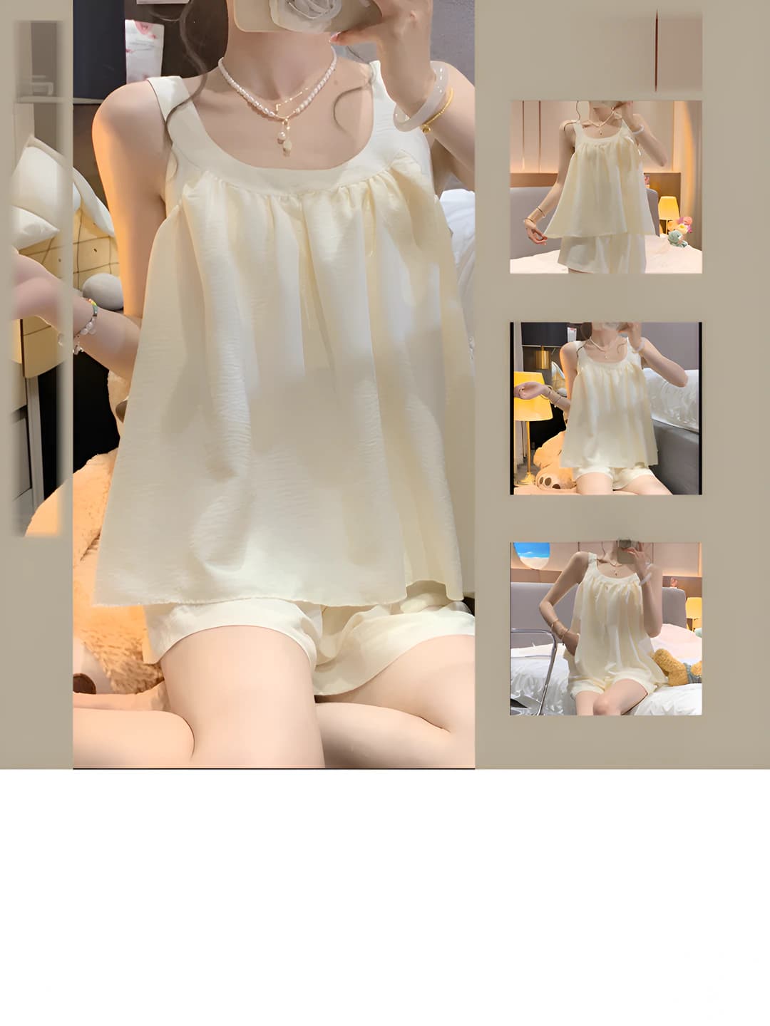 Women's summer thin loungewear set: sleeveless camisole top and shorts, crew neck, breathable, stretch, wearable outside