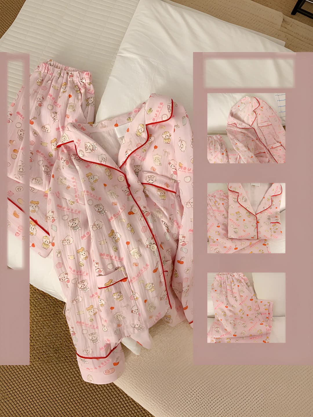 Women's autumn thin pajama set: long sleeve cardigan and trousers, lapel collar, loose fit, cartoon style