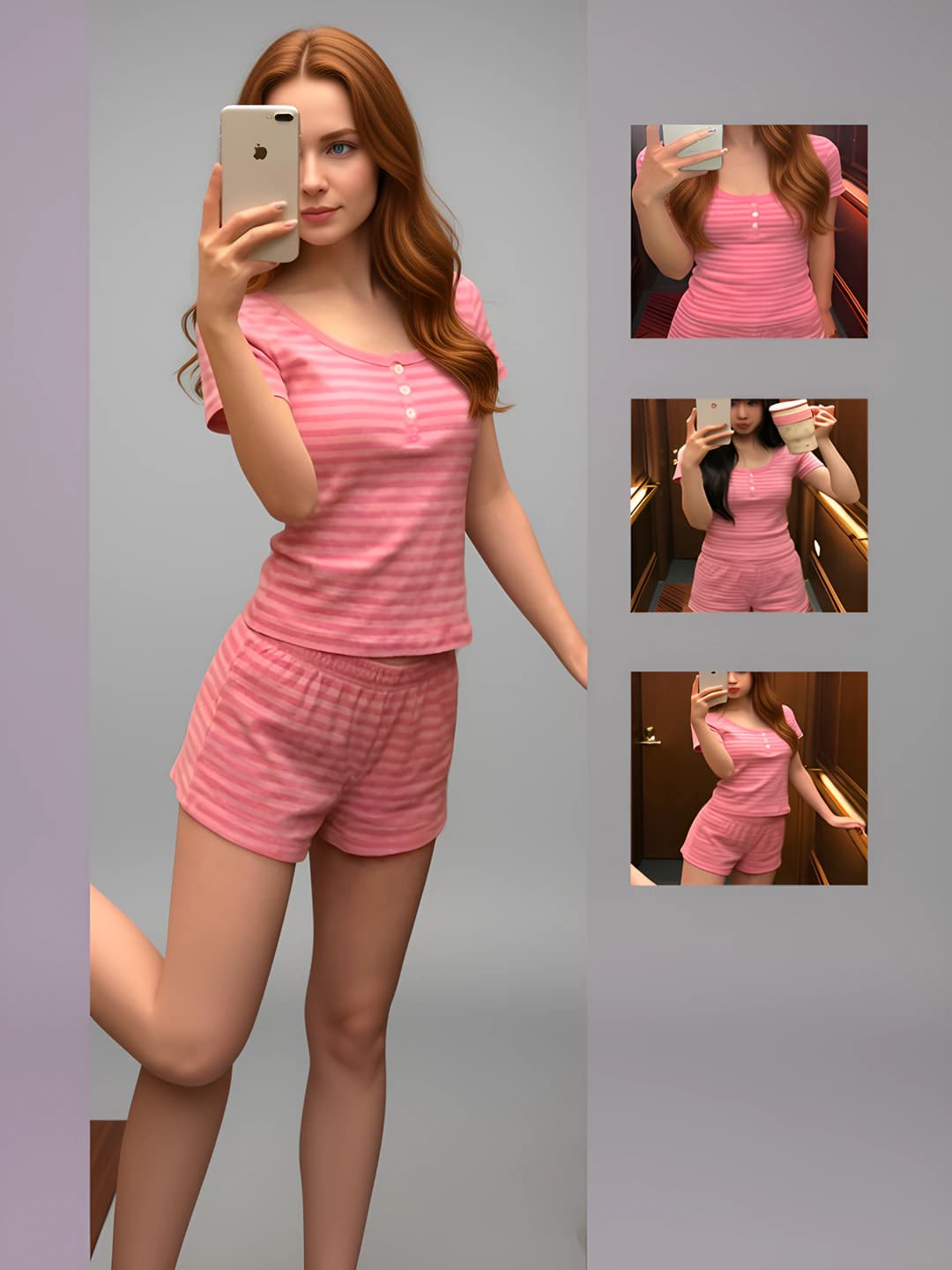 Women's summer striped pajama set, Korean style, thin, crew neck, short sleeve, shorts, casual, loungewear
