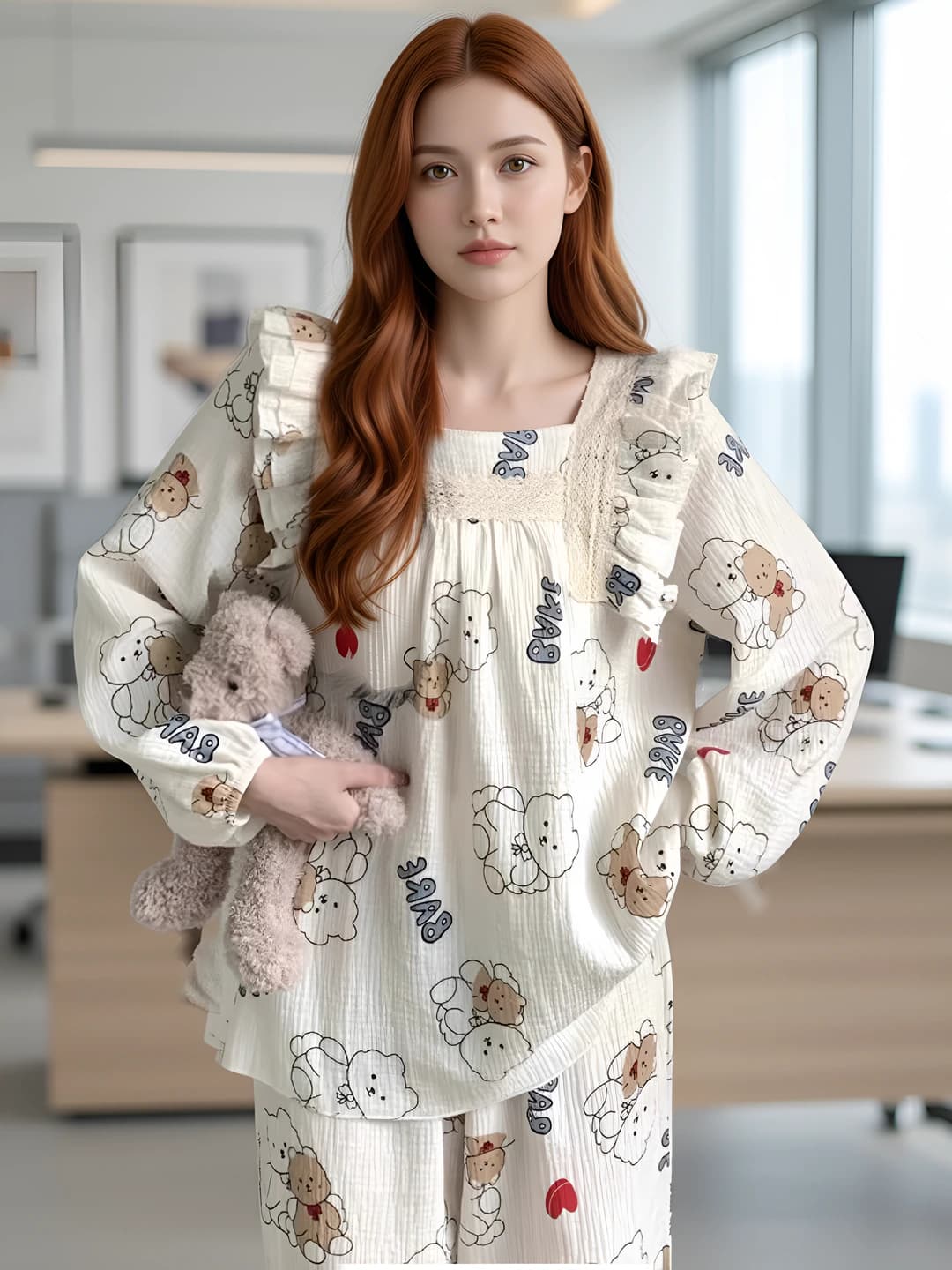 Women's long-sleeve pajama set for spring-autumn, Korean style cute bear and princess design, loungewear, can be worn outside