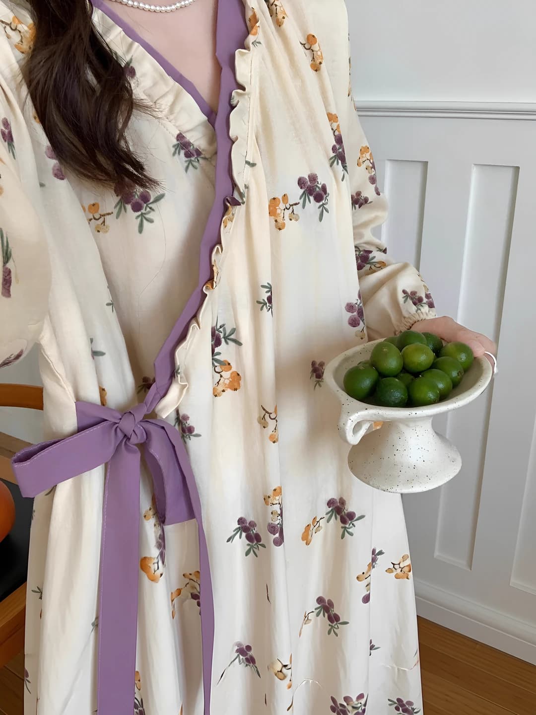 Women's retro printed house robe, long sleeve, casual, loose fit, V-neck, breathable, for spring, summer and autumn