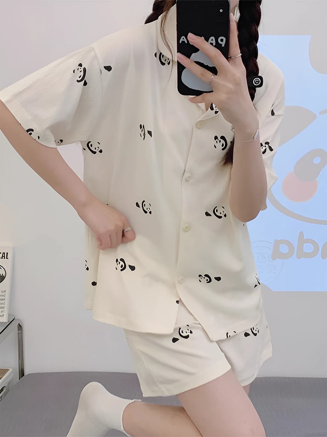 Ayollar uchun karton panda pijama to'plami: kalta yeng, yupqa, bo'sh (oversize), qaytarma yoqa, yoz, bahor va kuz uchun uy kiyimi