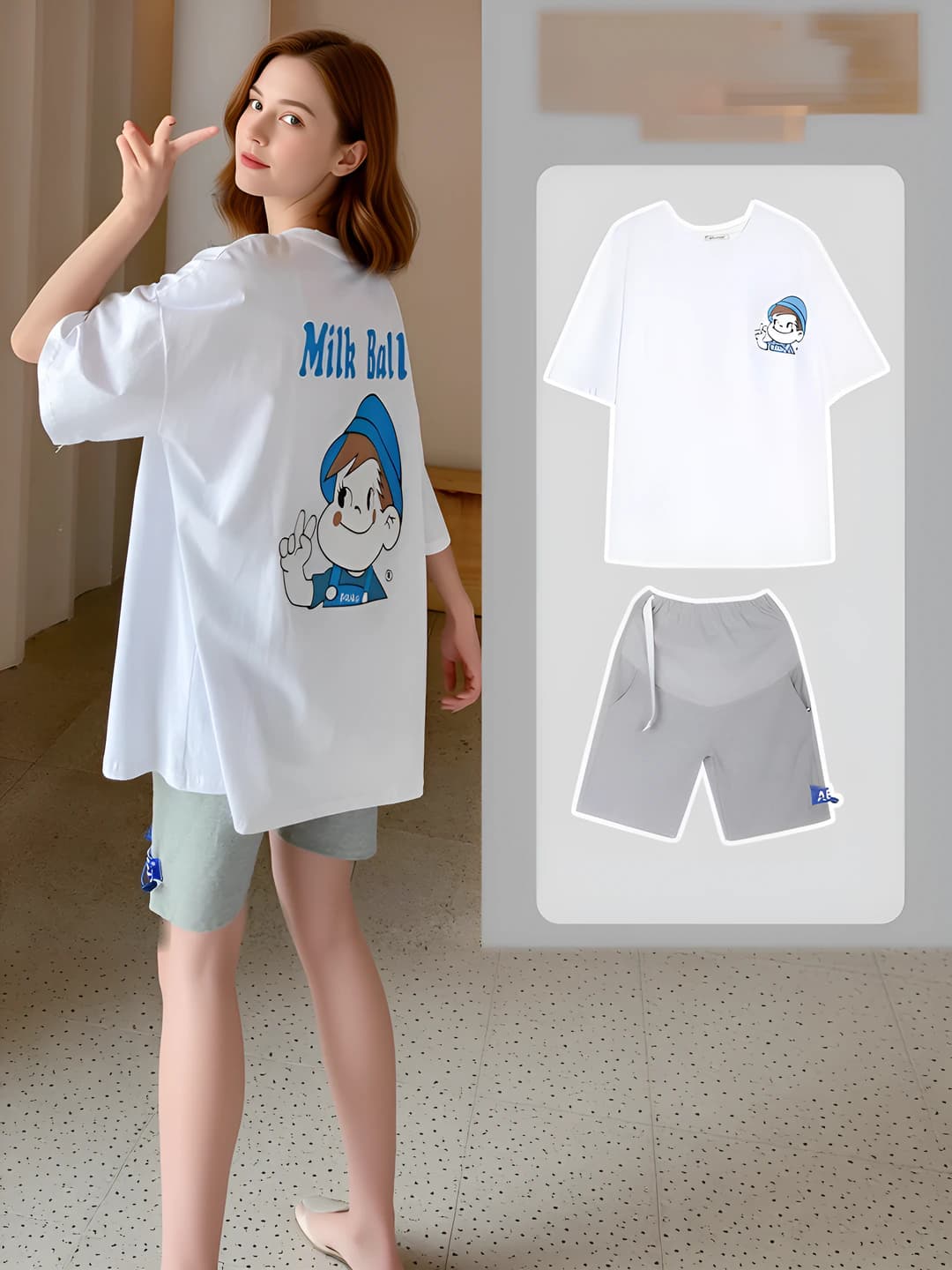 Women's summer Korean style loose fit set with short sleeve and print
