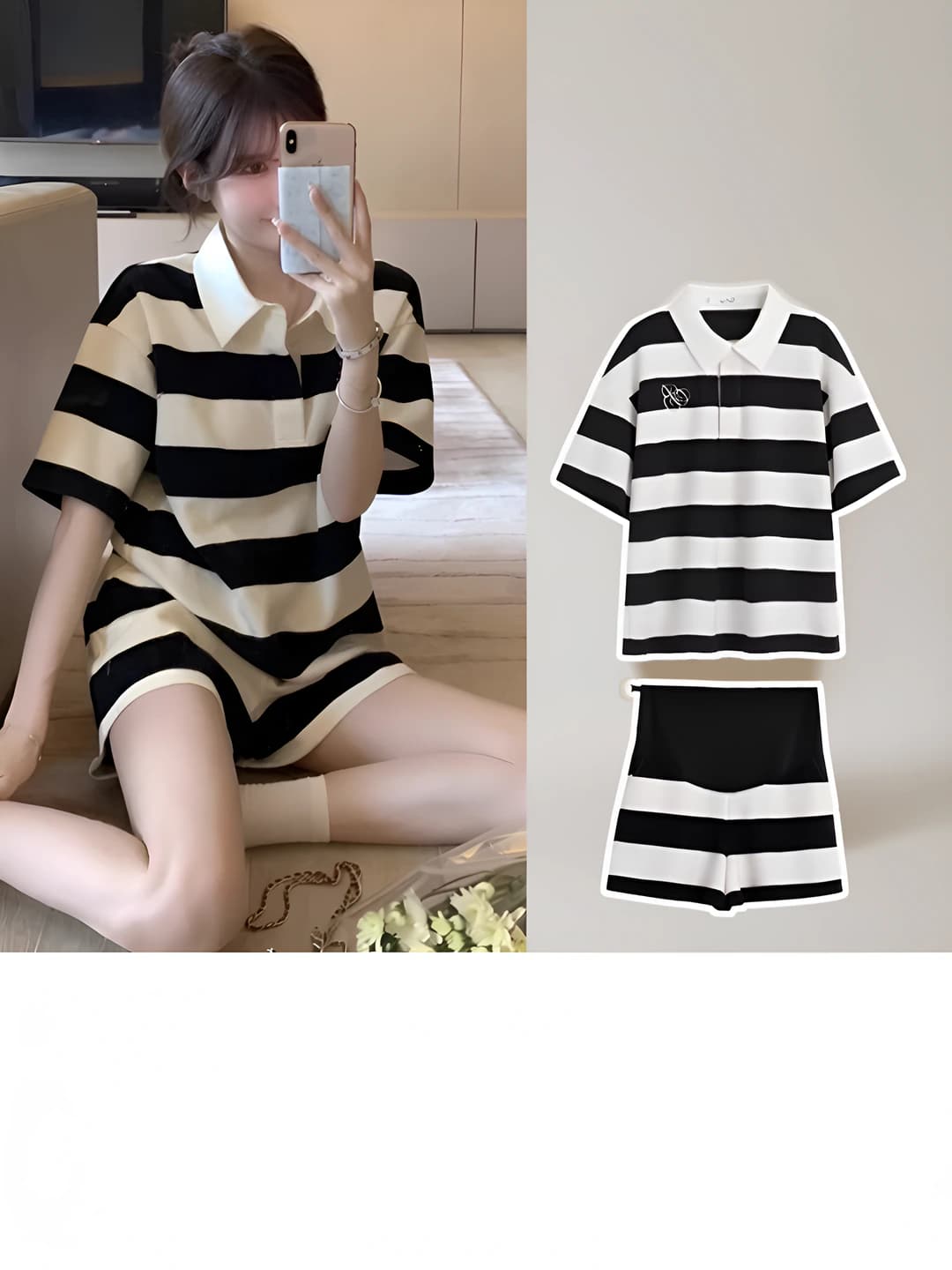 Women's summer clothing set: loose fit, short sleeve, lapel collar, striped, thin top and shorts