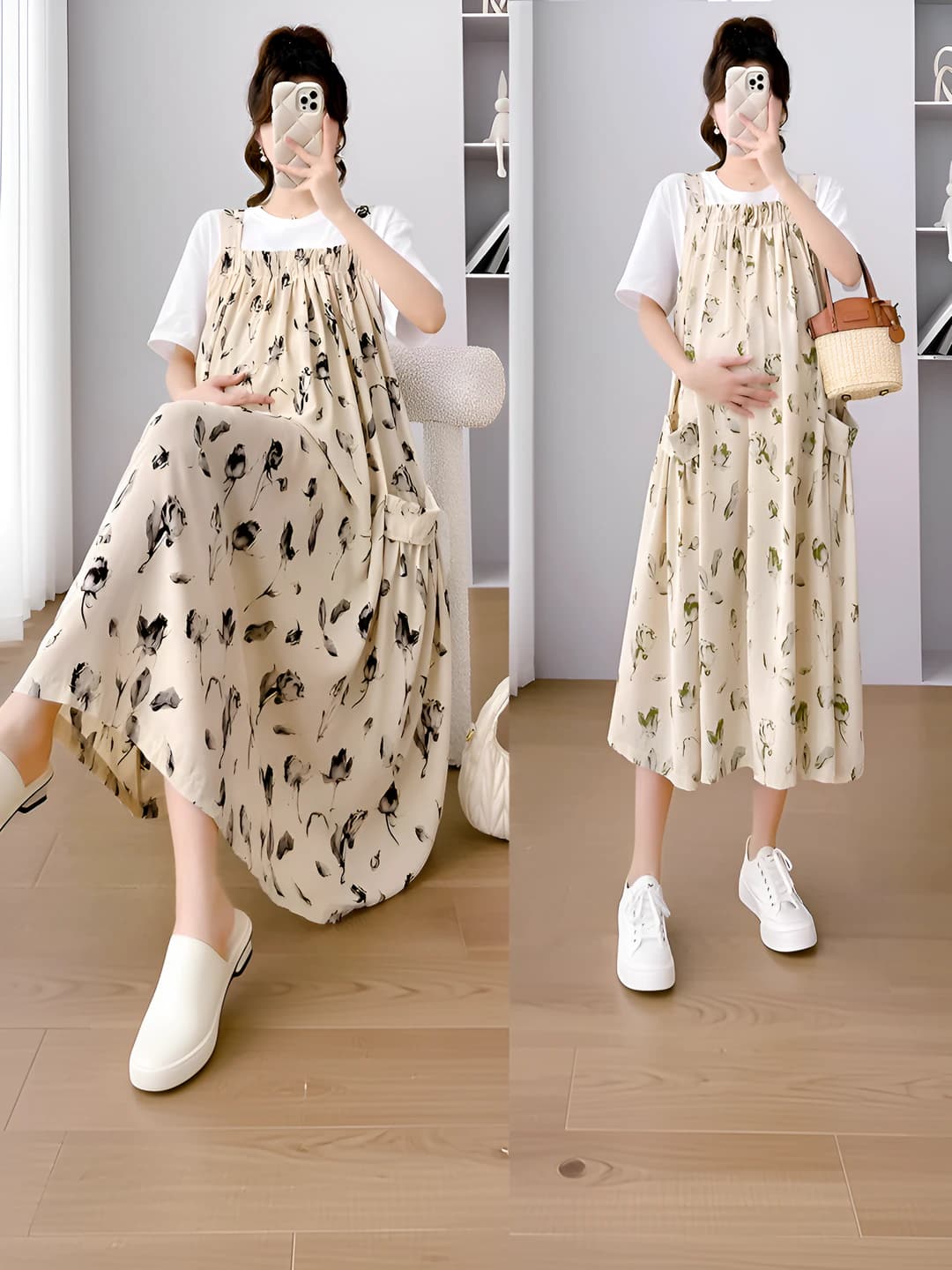 Women's summer plus size maternity clothing set: dress with crew neck, short sleeve, printed pattern, long skirt, casual style, polyester