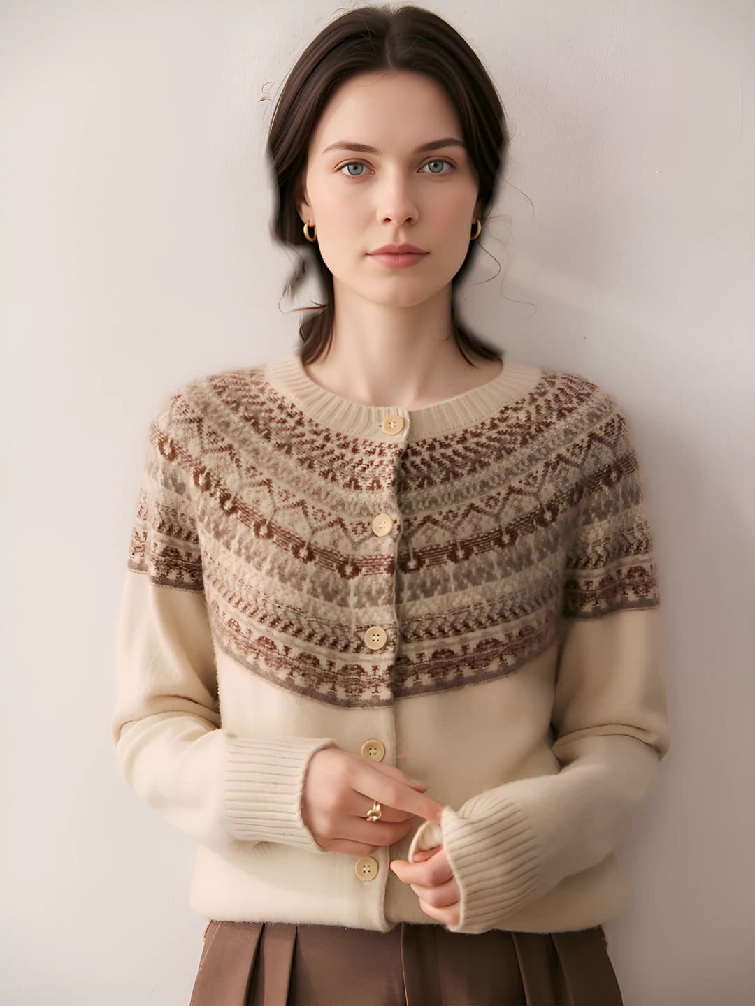 Women's 2026 autumn-winter cashmere cardigan, crew neck, long sleeve, loose fit, solid colour, casual style