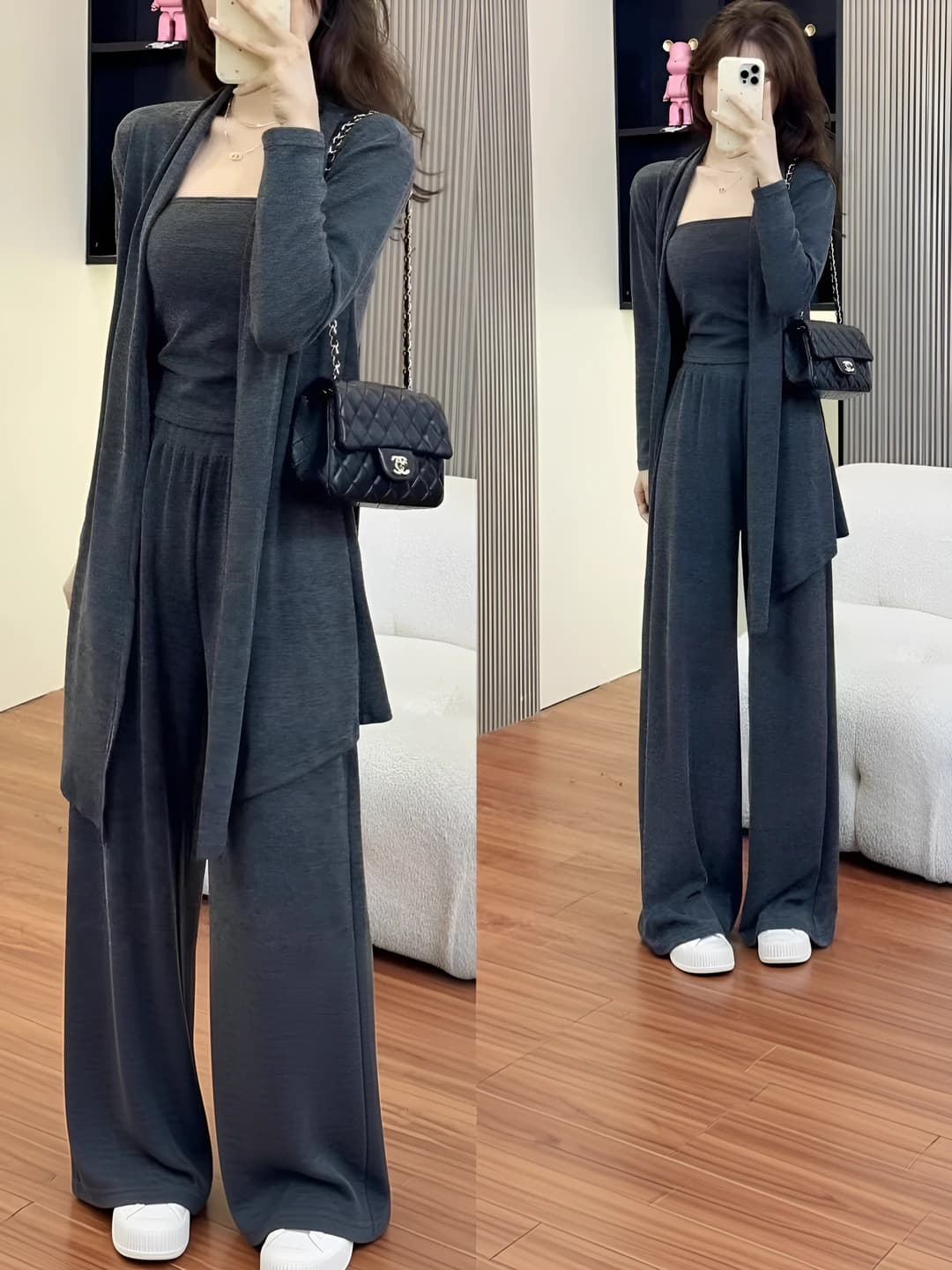 Women's sports casual spring-autumn set: cardigan, tube top and wide-leg trousers
