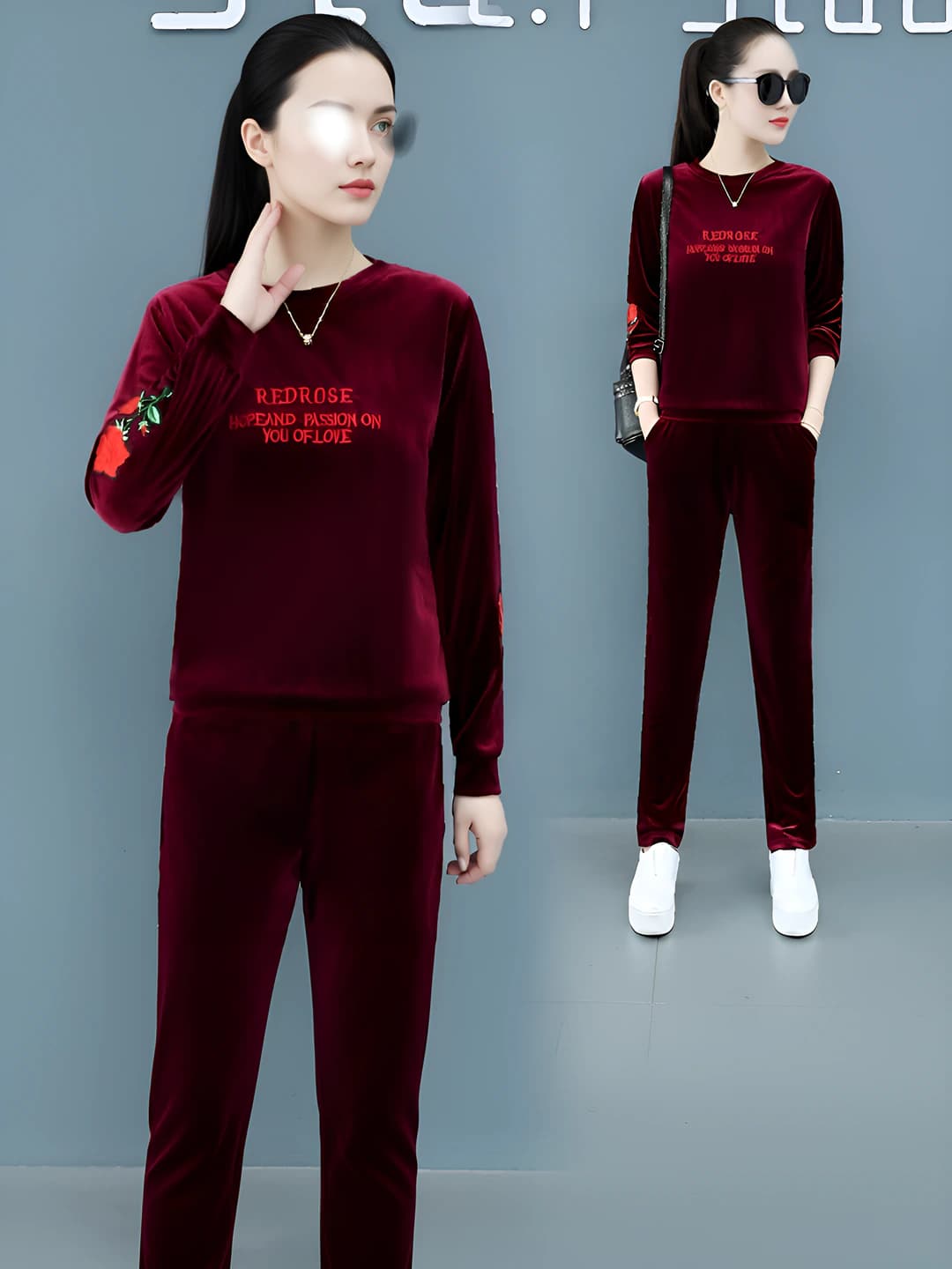 Women's sports casual set (long sleeve top + trousers), spring-autumn, slim fit, plus size, 200 jin