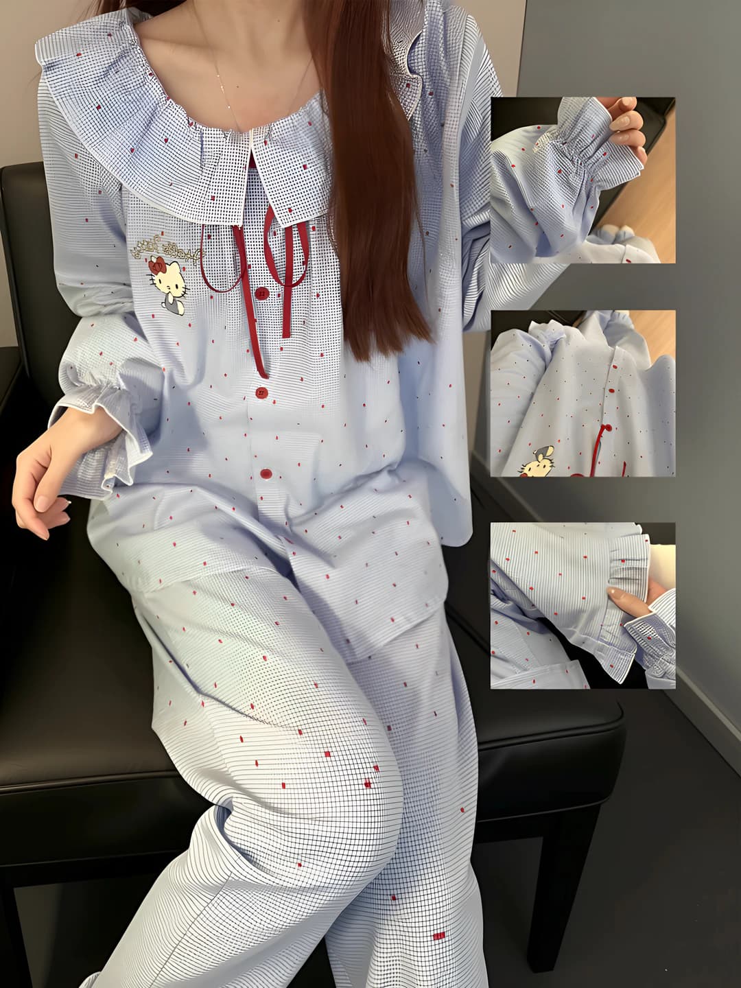 Women's Hello Kitty polka-dot pajama set, long sleeve top and trousers, for spring-autumn